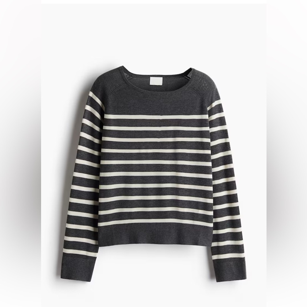 H&M Dark Gray & Cream Striped Fine-Knit Sweater